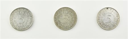 Lotto di tre monete: 5 marchi, Germania ovest, argento 625/1000, 1951...
