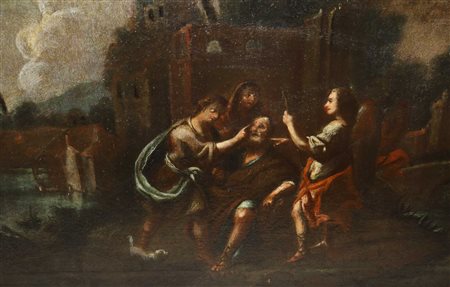 Scena biblica: Tobia che guarisce il padre con l'aiuto dell'Arcangelo Raffaele, 17th/18° Secolo