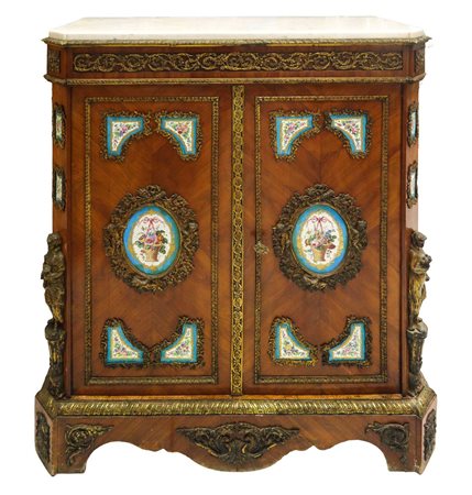 Credenza Napoleone III in legno di rosa  e marmo bianco al piano