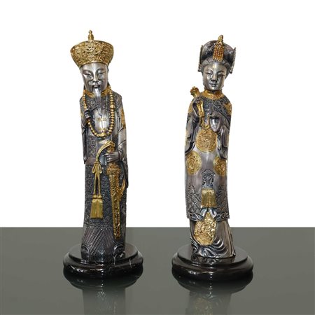 Imperatrice e imperatore cinesi, statuine rivestite in argento e oro