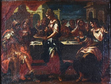Scuola del XVIII secolo SALOME' CON LA TESTA DEL BATTISTA olio su tela, cm 44x52