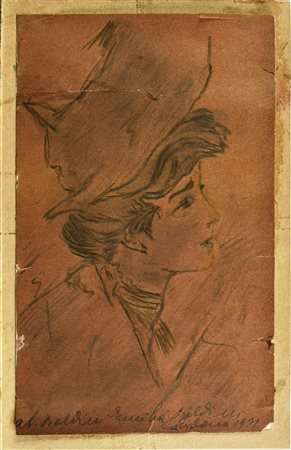 Giovanni Boldini RITRATTO DI SIGNORA CON CAPPELLINO SCURO grafite su carta...