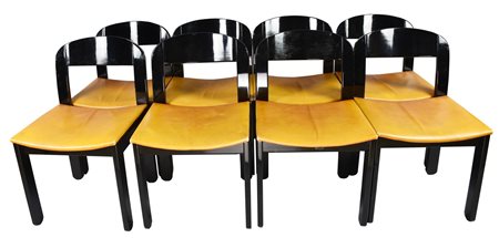 SEDIE IN LEGNO, anni 70' serie di 8 sedie in legno laccato nero e seduta...