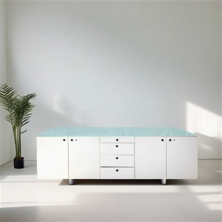 Alto Design Fantoni - Credenza bassa laccata bianca con quattro cassetti centrali, sportelli laterali e piano in vetro