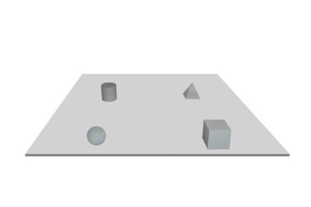 Tavolo quadrato basso con sostegno formato da elementi geometrici in marmo: sfera, cilindro, cubo e piramide.