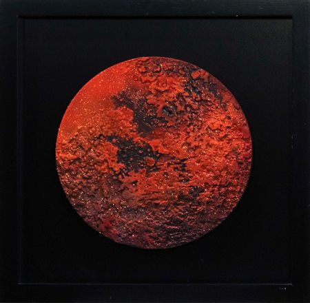 Paola Romano, Luna rossa, 2018, polimaterico su tavola, 45x45 cm, autentica a...