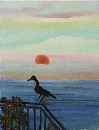 R. SEMINARA, "Corvo sul terrazzo fiorito al tramonto sul mare", 1984