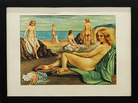 GIORGIO DE CHIRICO, "Donne bagnanti su una spiaggia", ripreso dal dipinto del 1935