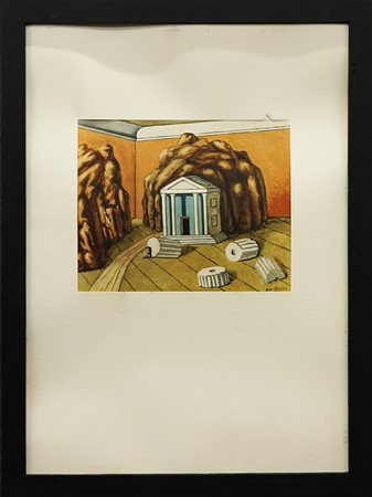 GIORGIO DE CHIRICO, "Tempio e rocce in una camera", ripreso dal dipinto del 1927
