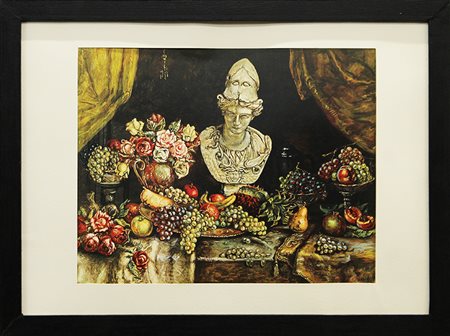 GIORGIO DE CHIRICO, "Vita silente di frutta, fiori e busti di Minerva", ripreso dal dipinto del 1963