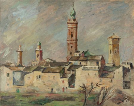 Enzo Morelli (Bagnacavallo 1896-Gargnano 1976)  - Case con campanile e torri, 1949