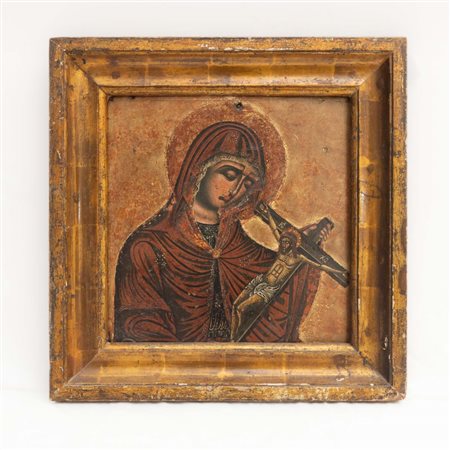  
Madonna con crocifisso scuola Bizantina in Toscana, XIX secolo
dipinto su tavola a fondo oro 30 x 29 cm