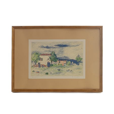 GIOVANNI OMICCIOLI (Roma, 1901 - 1975) 
La fattoria, multiplo su carta 
 31 x 45 cm