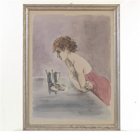 ALBERTO SUGHI (Cesena, 1928 - Bologna, 2012) 
Donna che prende il caffè,  
 80 x 60 cm