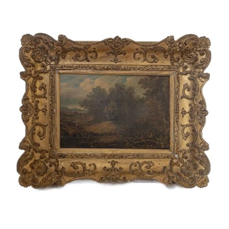  
Scorcio di paesaggio con pastore e mucche fine XIX secolo
dipinto ad olio su tavola 32 x 47 cm