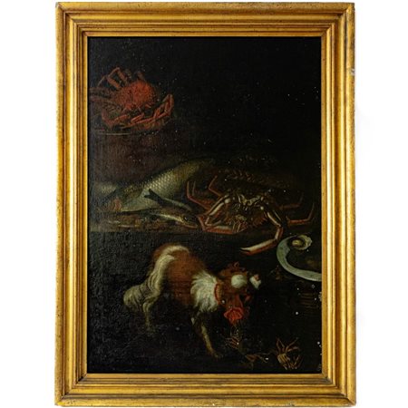  
Pittore napoletano, natura morta composizione con crostacei e cagnolino fine XVII inizio XVIII secolo
dipinto ad olio su tela 111 x 78 cm