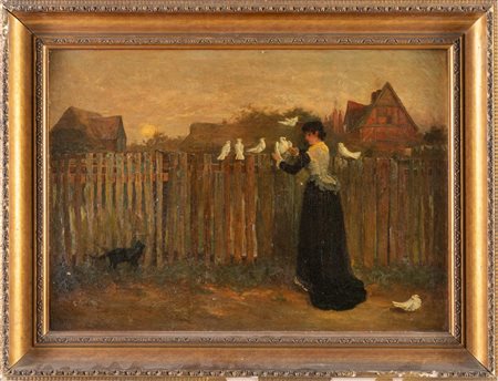 Pittore inglese del XIX secolo. Figura femminile con colombe ad una staccionata.