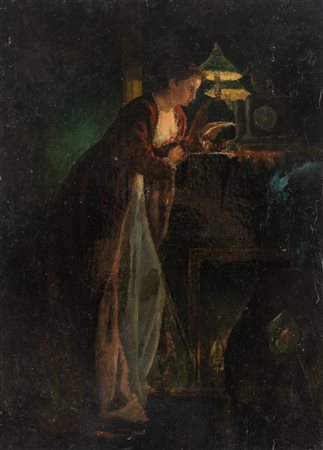 Pittore del XIX secolo. Figura femminile in piedi in un interno.