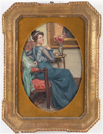 Pittore del XIX secolo. Ritratto di gentildonna seduta in un interno in abito blu.