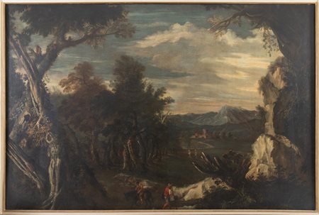 Maestro tra XVII e XVIII secolo, Paesaggio con personaggi e torre.