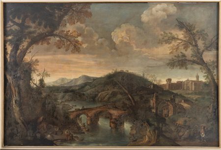 Maestro tra XVII e XVIII secolo, Paesaggio fluviale con ponte e personaggi.