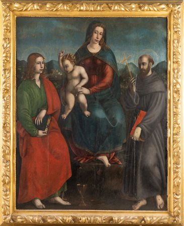 Cerchia di Francesco Bianchi Ferrari (Ferrara 1447 - 1510). Madonna con il Bambino tra i Santi Giovanni Evangelista e Francesco.