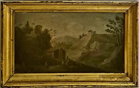 Pittore tra XVIII e XIX secolo. Paesaggio con colline e personaggio.