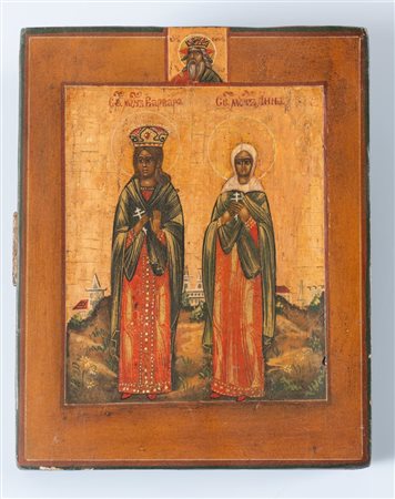 Icona raffigurante due sante, con testa di Dio nella parte sommitale, Arte ortodossa