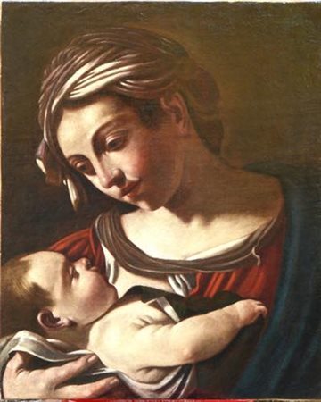 Bottega di Giovanni Francesco Barbieri, detto il Guercino (Cento 1591 - Bologna 1666). Madonna con il Bambino.