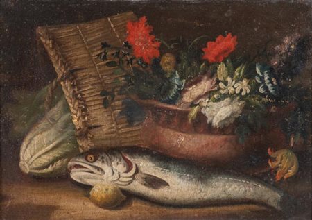 Maestro del XVIII secolo. Natura morta con fiori, verze e pesce.