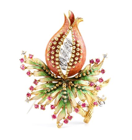ANGELO BARBERIS  
Spilla melograno in oro con smalti, rubini e diamanti Italia, anni '50
 