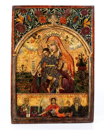  
Icona ortodossa raffigurante Madonna con Bambino e pergamena Fine XVIII secolo
Tempera su tavola Altezza x larghezza x profondità: 37 x 26 x 2 cm. Peso: 950 gr.