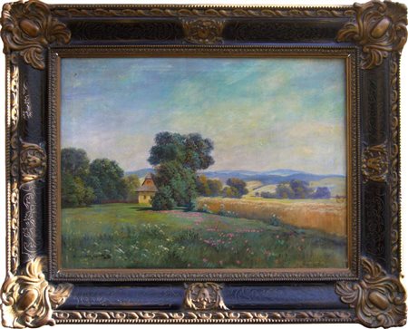 Pittore della prima metà del XX secolo. Paesaggio con campo di grano.