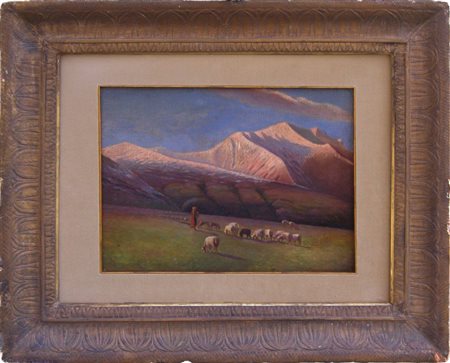 Pittore piemontese del primo decennio del XX secolo. Paesaggio alpino con pastorella e gregge.