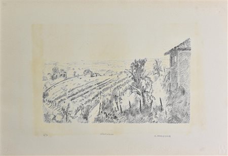 Giuseppe Manzone VEDUTA SU VIGNETO litografia su carta, cm 33x50; es. 16/30...