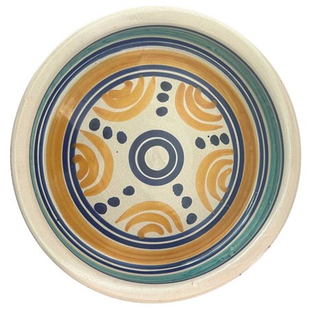 Piatto fondo Santo Stefano di Camastra in maiolica policroma nei toni del giallo blu e verde, 70&#39;s