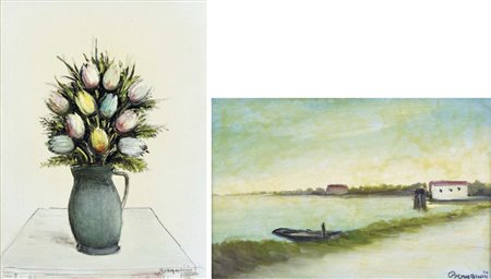 BERGAMINI ALDO Bottrighe 1903 - Venezia 1981 Vaso di fiori 1951 - Paesaggio...