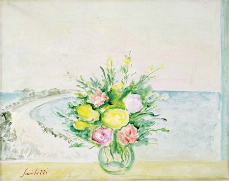 SEIBEZZI FIORAVANTE Venezia 1906 - 1975 Finestra-Fiori 1966 olio su tela...