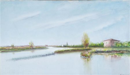 BERGAMINI ALDO Bottrighe 1903 - Venezia 1981 Paesaggio lagunare olio su tela...