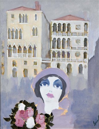 BORSATO RENATO Venezia 1927 - 2013 Ragazza e rose olio su tela 50x40 firma in...