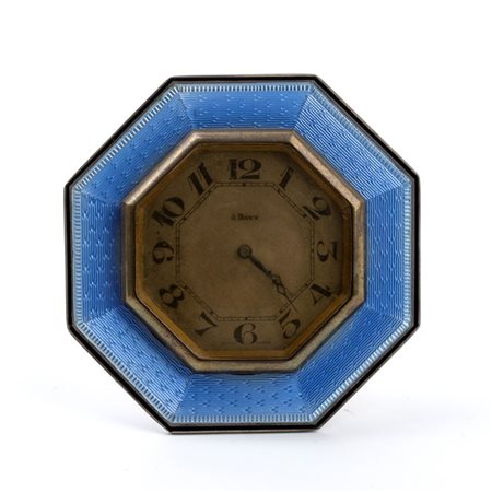 F Darton & Co: Orologio da tavolo Art Déco in argento e smalti. Birmingham, 1925 