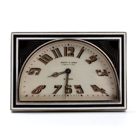 MAPPIN & WEBB - London & Paris: Orologio da tavolo Art Déco in argento e smalti. Anni '20 - '30