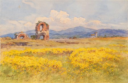 Filippo Anivitti (Roma 1876-1955)  - Rovine in un campo di tarassaco