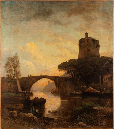 Hermann David Salomon Corrodi (Frascati 1844-Roma 1905)  - Paesaggio laziale al tramonto