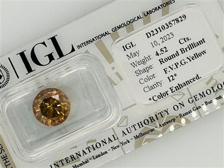 DIAMANTE 4,52 CT GIALLO VERDOGNOLO ROSATO* VIVIDO I2* (COLORE E ESALTATI) - C30503