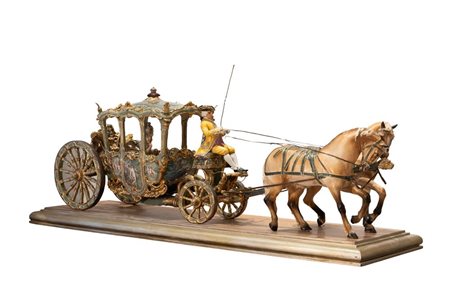 Grande scultura in porcellana policroma raffigurante Dama in una carrozza, cocchiere e due cavalli.   Luigi Fabris