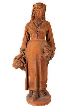 Grande scultura in terracotta. Contadina con fascio di spighe - Allegoria dell'estate   Manifattura dell'italia centrale della seconda metà del XIX secolo