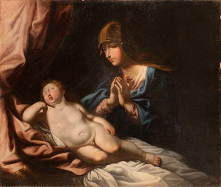 Madonna orante con Bambino dormiente   Scuola Emiliana XVII secolo