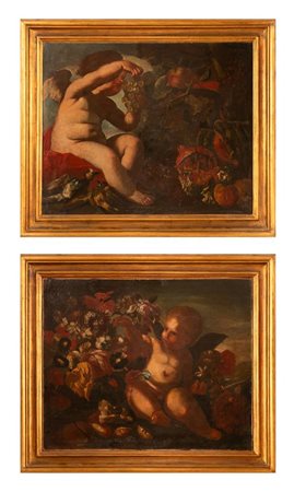 Coppia di dipinti raffiguranti putti tra trionfi  di  fiori e frutti   Giovanni Paolo Castelli Lo spadino (ambito di)