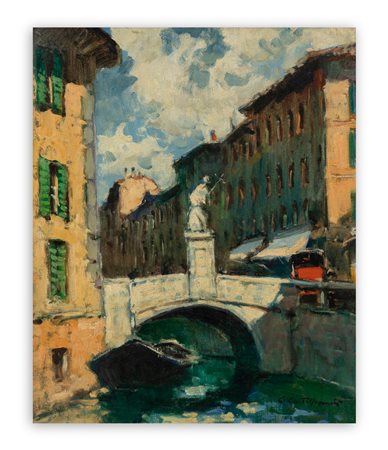 CIRANO CASTELFRANCHI (1912-1973) - Vecchia Milano. Sul Naviglio al Ponte di P. Romana